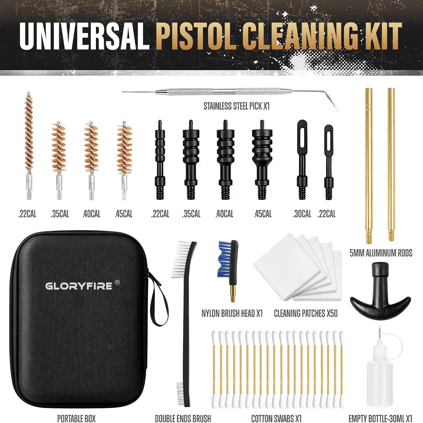 GLORYFIRE Universal Gun Cleaning Kit Fits .22 .357/9mm .38 .40 .45 Cal Handguns & Pistols Compact Carrying Case for Portability Multiple Styles with Brass or Plastic Jags & Tips for Shooting and Range GLORYFIRE®
