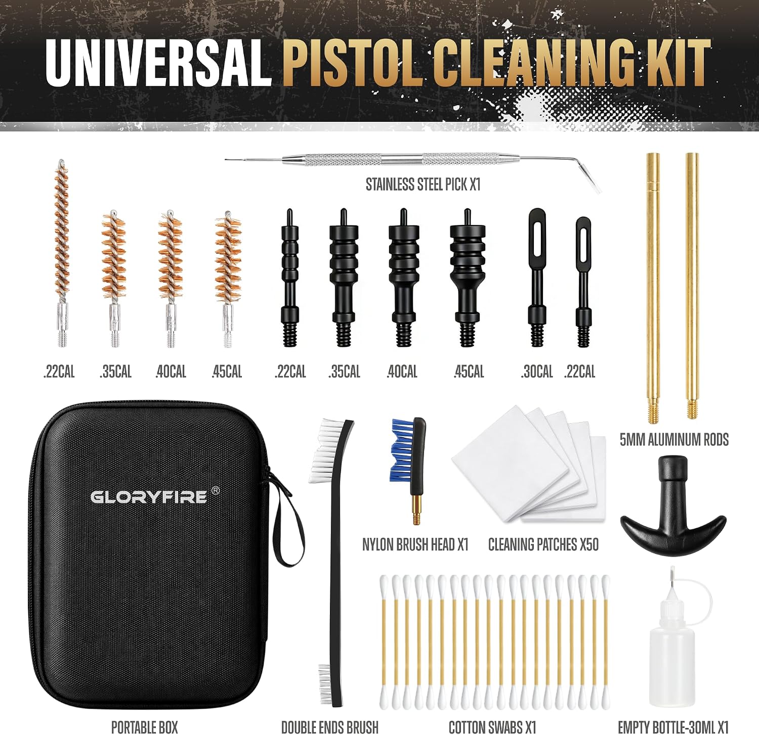 GLORYFIRE Universal Gun Cleaning Kit Fits .22 .357/9mm .38 .40 .45 Cal Handguns & Pistols Compact Carrying Case for Portability Multiple Styles with Brass or Plastic Jags & Tips for Shooting and Range GLORYFIRE®