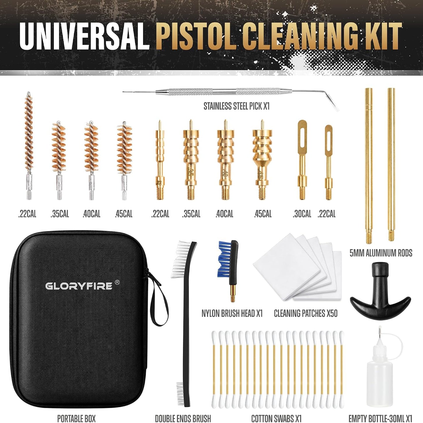 GLORYFIRE Universal Gun Cleaning Kit Fits .22 .357/9mm .38 .40 .45 Cal Handguns & Pistols Compact Carrying Case for Portability Multiple Styles with Brass or Plastic Jags & Tips for Shooting and Range GLORYFIRE®