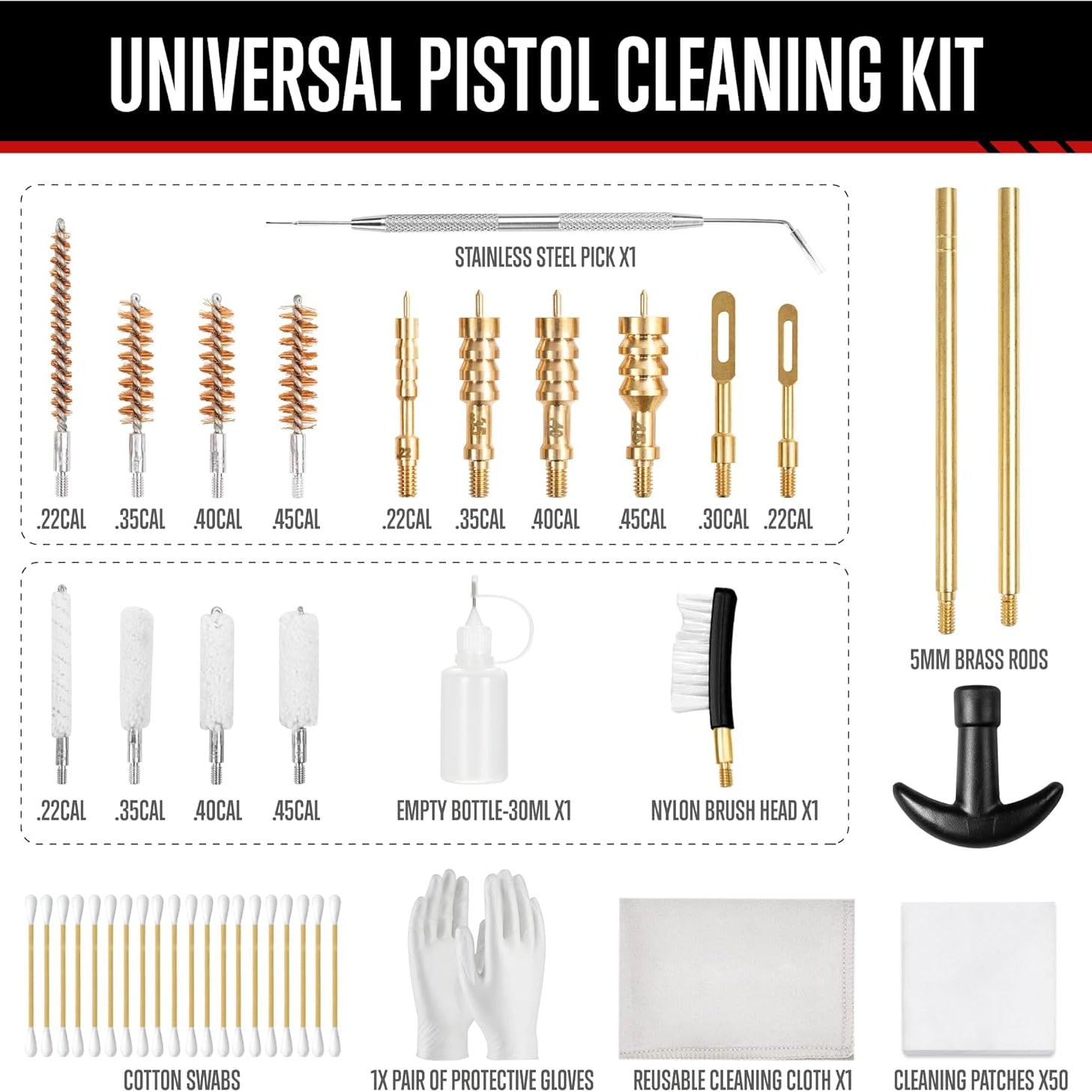 GLORYFIRE Universal Gun Cleaning Kit Fits .22 .357/9mm .38 .40 .45 Cal Handguns & Pistols Compact Carrying Case for Portability Multiple Styles with Brass or Plastic Jags & Tips for Shooting and Range GLORYFIRE®