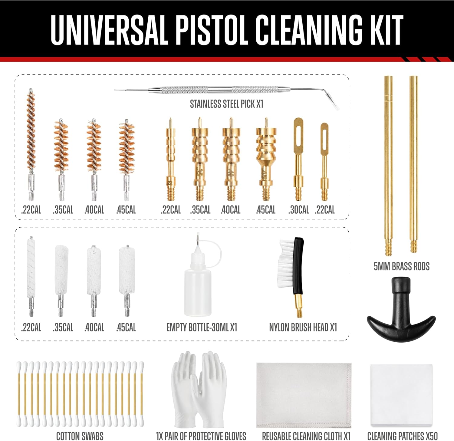 GLORYFIRE Universal Gun Cleaning Kit Fits .22 .357/9mm .38 .40 .45 Cal Handguns & Pistols Compact Carrying Case for Portability Multiple Styles with Brass or Plastic Jags & Tips for Shooting and Range GLORYFIRE®