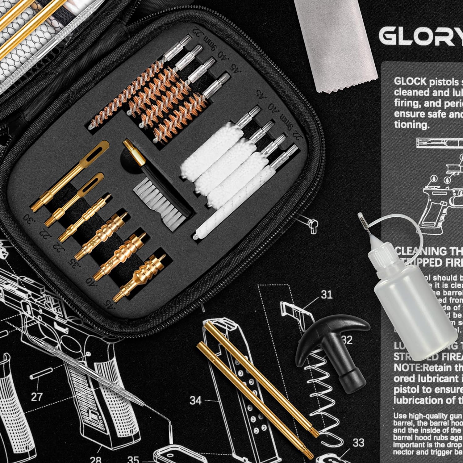 GLORYFIRE Universal Gun Cleaning Kit Fits .22 .357/9mm .38 .40 .45 Cal Handguns & Pistols Compact Carrying Case for Portability Multiple Styles with Brass or Plastic Jags & Tips for Shooting and Range GLORYFIRE®