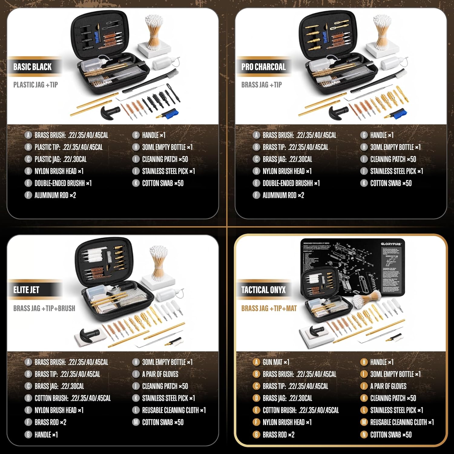 GLORYFIRE Universal Gun Cleaning Kit Fits .22 .357/9mm .38 .40 .45 Cal Handguns & Pistols Compact Carrying Case for Portability Multiple Styles with Brass or Plastic Jags & Tips for Shooting and Range GLORYFIRE®