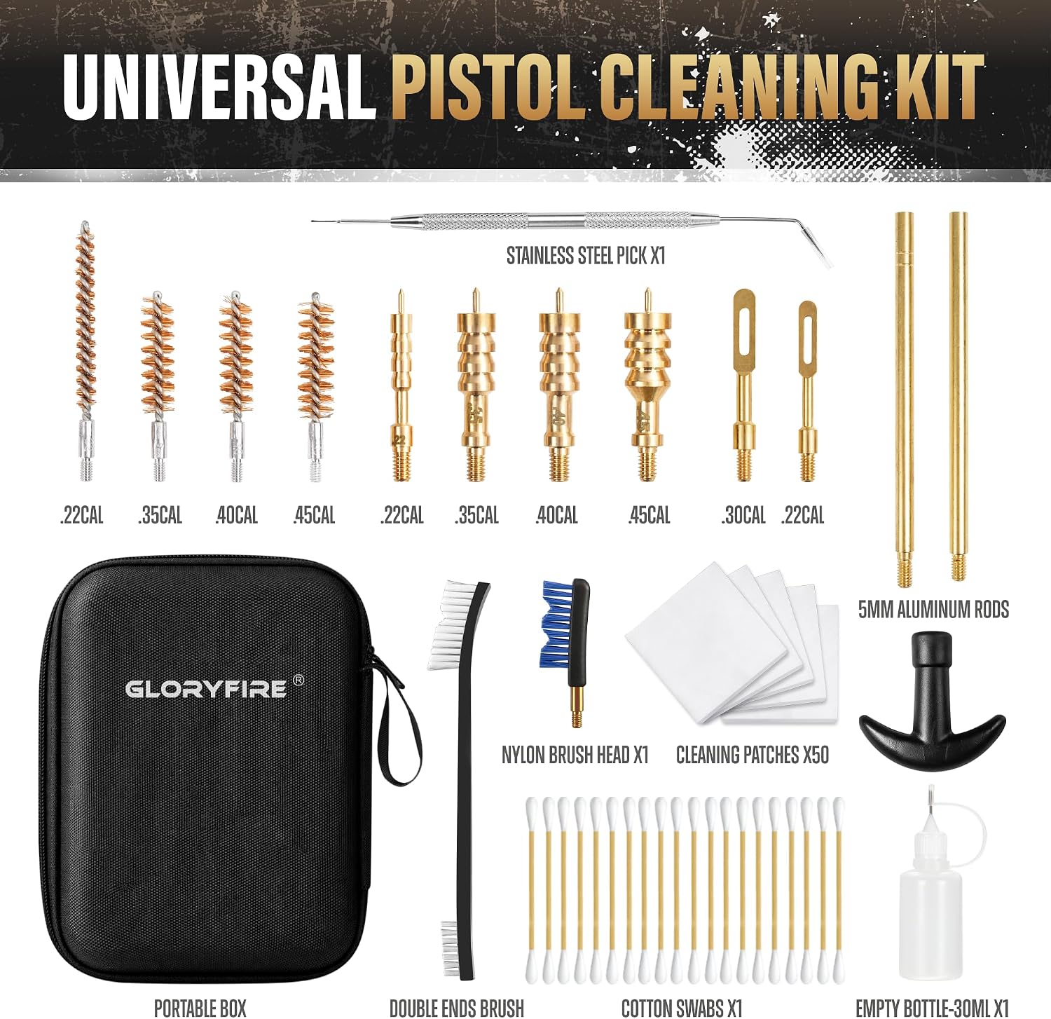 GLORYFIRE Universal Gun Cleaning Kit Fits .22 .357/9mm .38 .40 .45 Cal Handguns & Pistols Compact Carrying Case for Portability Multiple Styles with Brass or Plastic Jags & Tips for Shooting and Range GLORYFIRE®