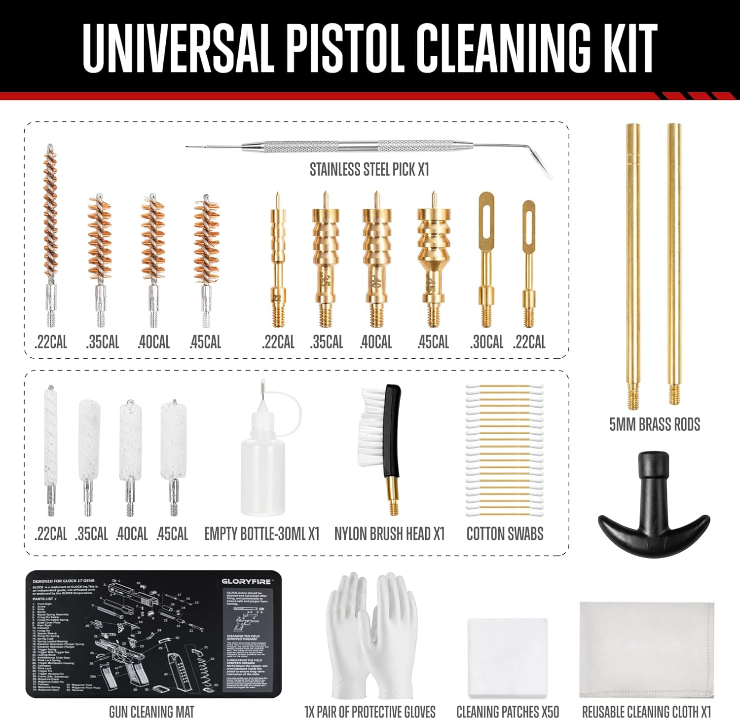 GLORYFIRE Universal Gun Cleaning Kit Fits .22 .357/9mm .38 .40 .45 Cal Handguns & Pistols Compact Carrying Case for Portability Multiple Styles with Brass or Plastic Jags & Tips for Shooting and Range GLORYFIRE®