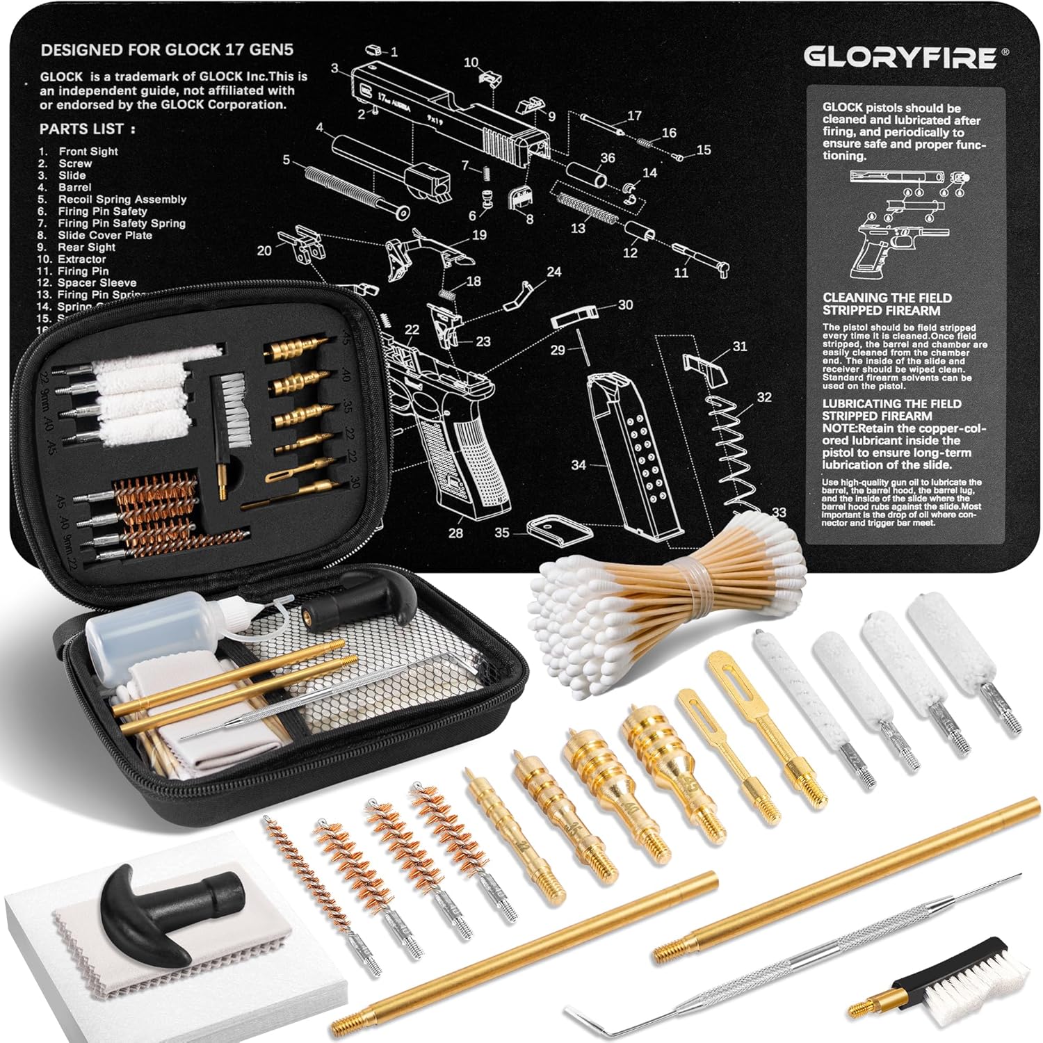 GLORYFIRE Universal Gun Cleaning Kit Fits .22 .357/9mm .38 .40 .45 Cal Handguns & Pistols Compact Carrying Case for Portability Multiple Styles with Brass or Plastic Jags & Tips for Shooting and Range GLORYFIRE®
