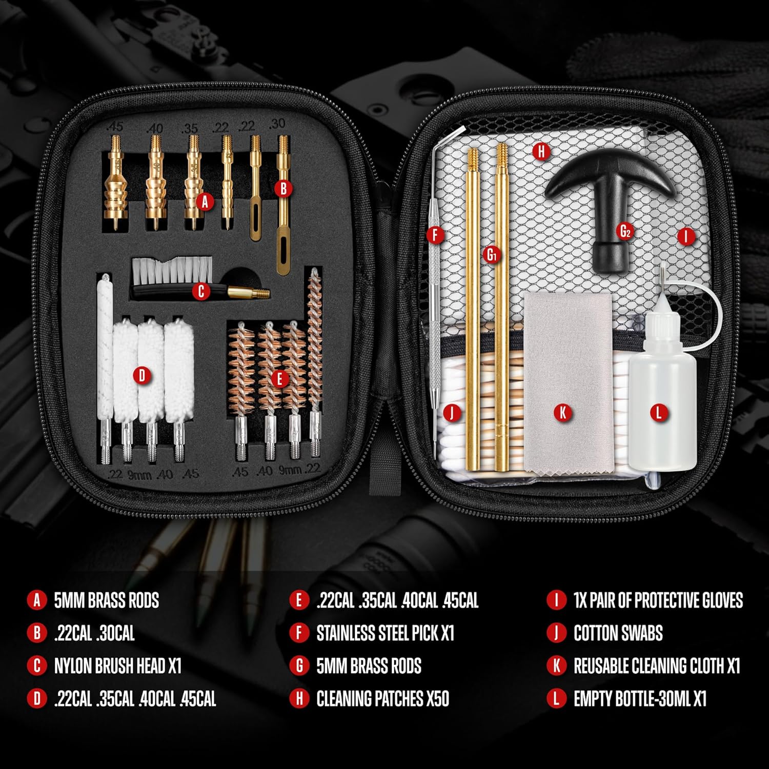 GLORYFIRE Universal Gun Cleaning Kit Fits .22 .357/9mm .38 .40 .45 Cal Handguns & Pistols Compact Carrying Case for Portability Multiple Styles with Brass or Plastic Jags & Tips for Shooting and Range GLORYFIRE®