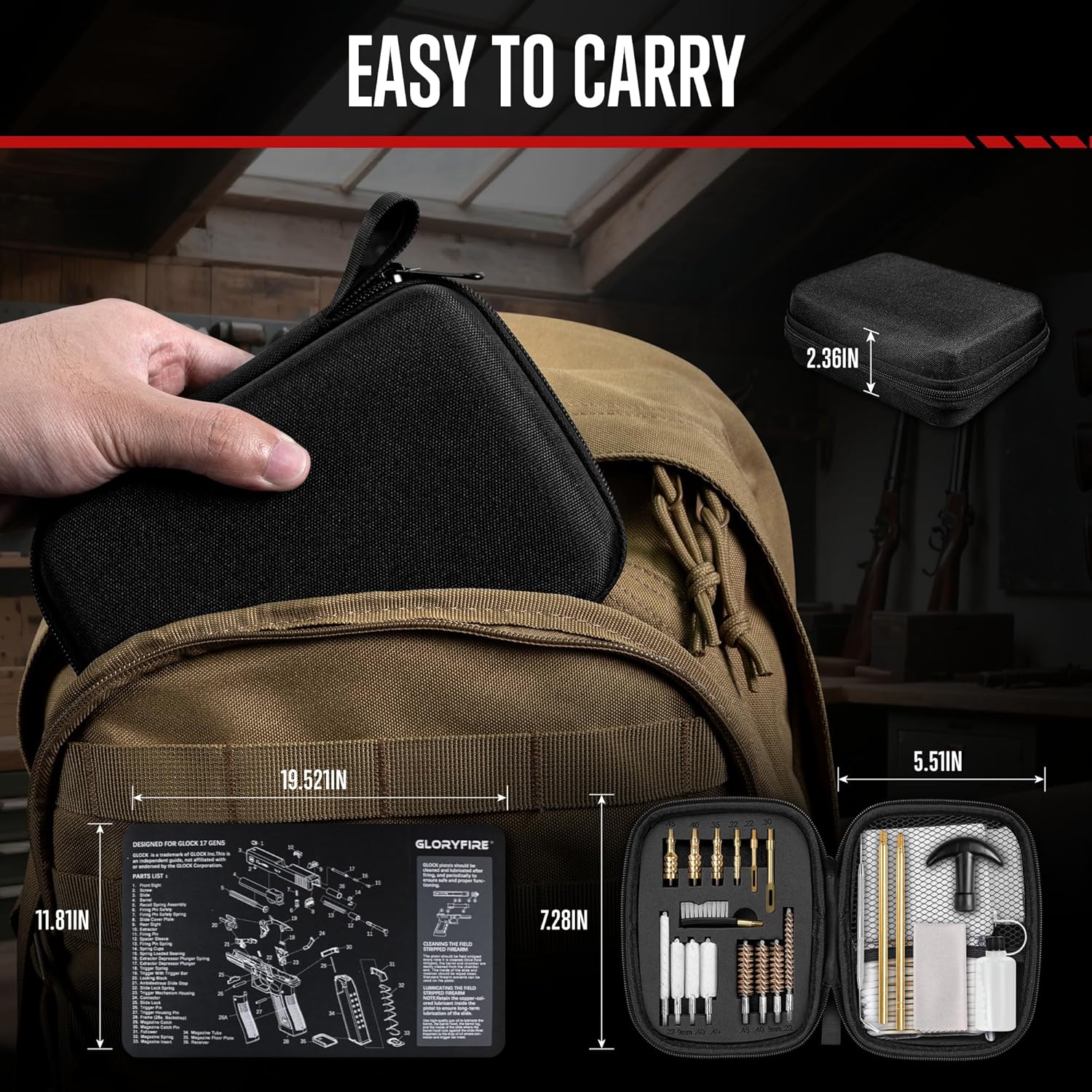GLORYFIRE Universal Gun Cleaning Kit Fits .22 .357/9mm .38 .40 .45 Cal Handguns & Pistols Compact Carrying Case for Portability Multiple Styles with Brass or Plastic Jags & Tips for Shooting and Range GLORYFIRE®