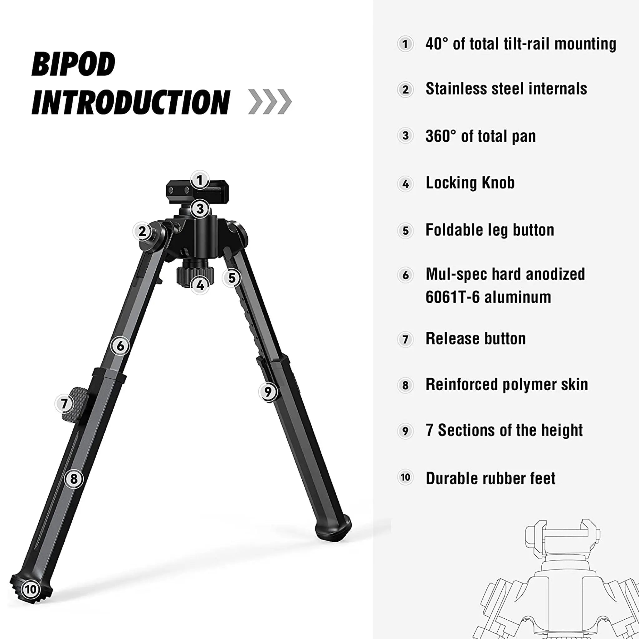 GLORYFIRE Rifle Bipod Rail Bipod 360°Swivel Adjustable 7 Speed GLORYFIRE®