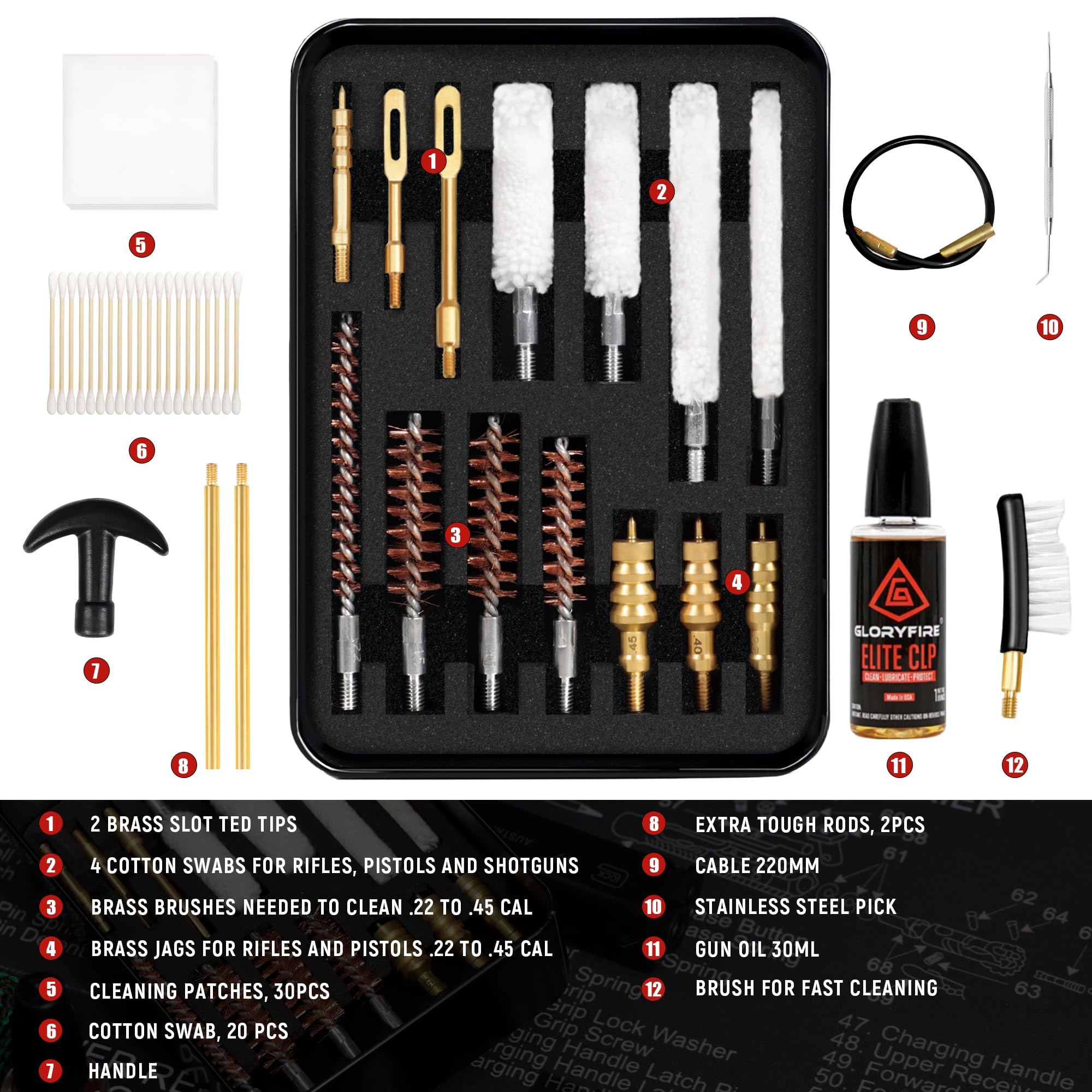 GLORYFIRE Gun Cleaning kit Universal Pistol Cleaning Kit Brass Brush and Brass Jag Adapter with Portable Case GLORYFIRE®