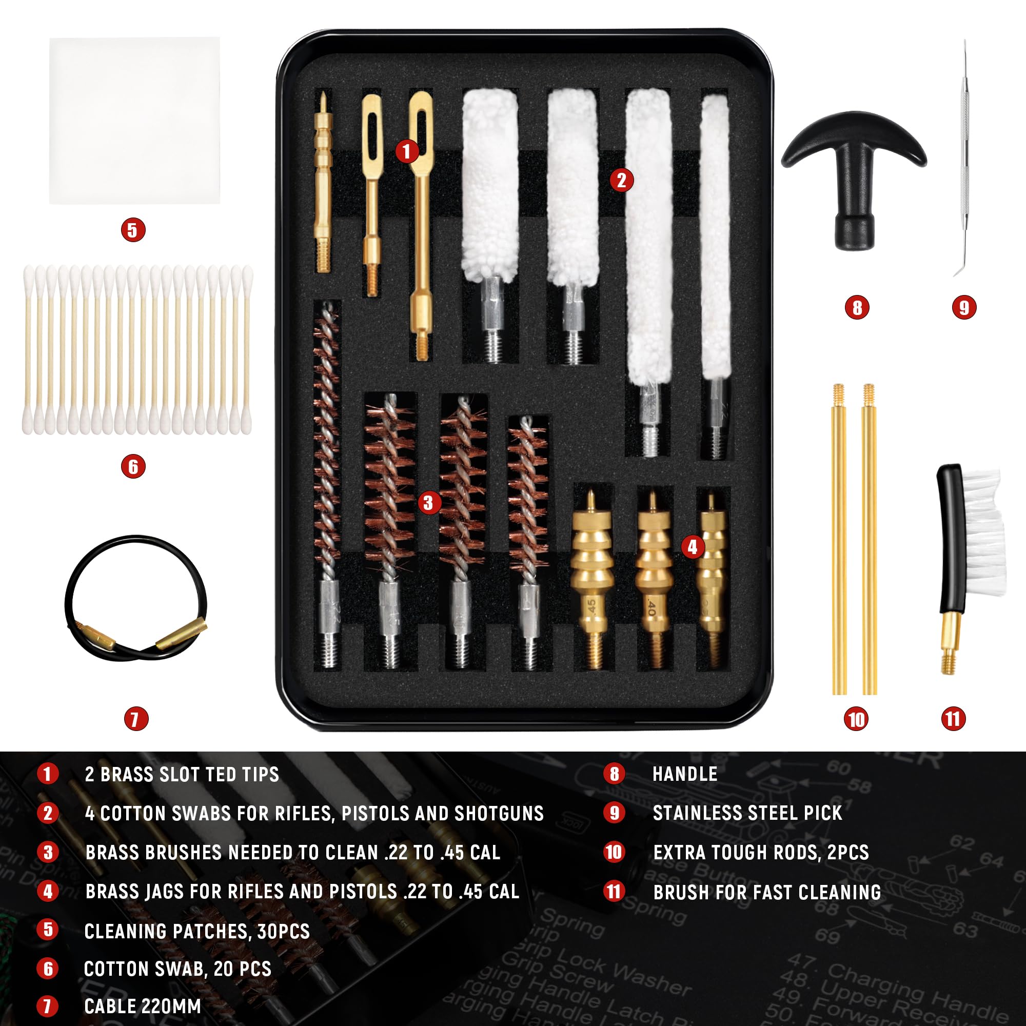 GLORYFIRE Gun Cleaning kit Universal Pistol Cleaning Kit Brass Brush and Brass Jag Adapter with Portable Case GLORYFIRE®