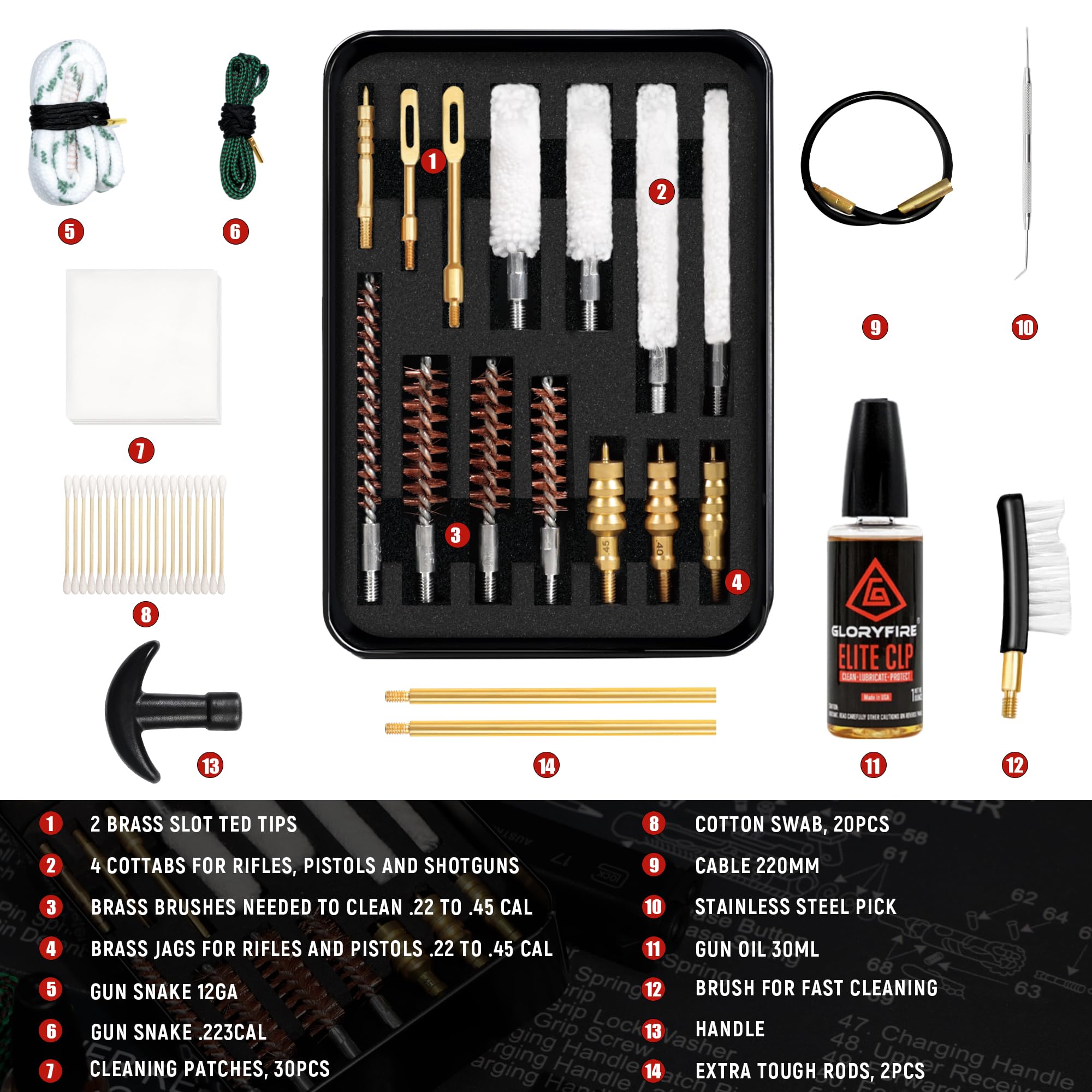 GLORYFIRE Gun Cleaning kit Universal Pistol Cleaning Kit Brass Brush and Brass Jag Adapter with Portable Case GLORYFIRE®